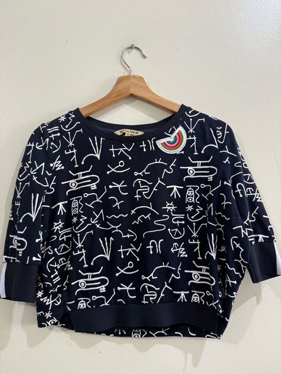 PSALTER Sweaters - PSALTER Navy Crewneck Sweater with White Script Print and Rainbow Patch by